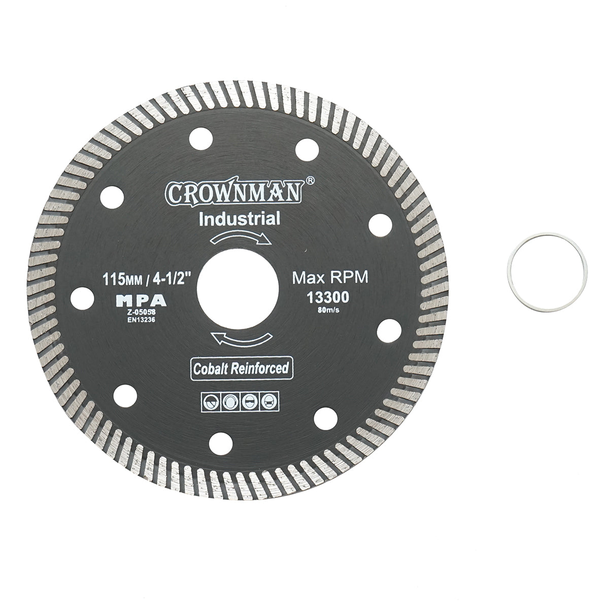 Turbo diamond disc 115x22.23x1.35mm, max speed 13300rpm, wet/dry cutting for stone, ceramic tiles Crownman